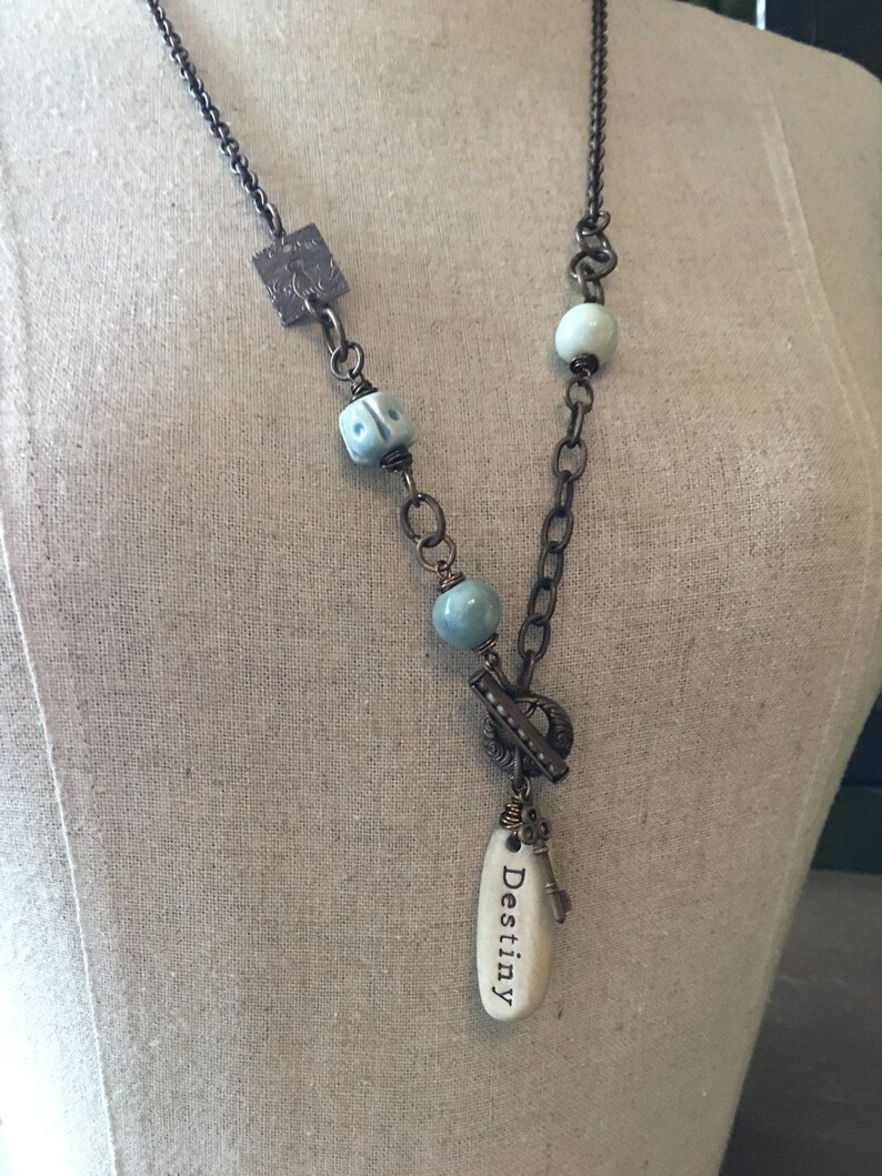 OOAK Vintaj Rustic Wire Wrapped 'Destiny' Ceramic Bead Long Line Necklace in Duck Egg Blues image 3