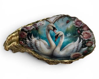 Luxury Feng-Shui Prosperity Bowl Decoupage Oyster Shell/Spiritual Altar Bowl/Abundance &  Manifestation Decor/Swans