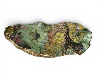 Luxury Feng-Shui Prosperity Bowl Decoupage Oyster Shell/Spiritual Altar Bowl/Abundance &  Manifestation Decor: World Map