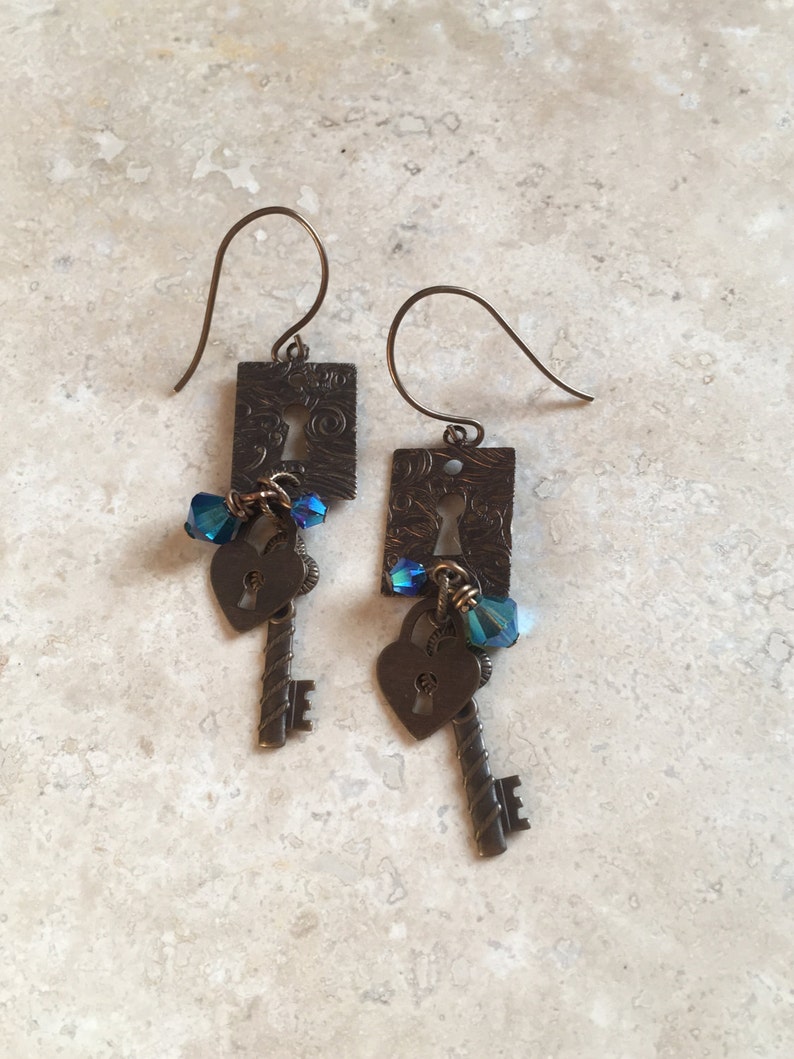Vintaj Natural Brass Embossed Lock and Key Dangle Earrings With Wire ...