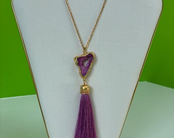 Gold Electroplated Druzy Crystal Portal Long Necklace w/Silk Tassel OOAK Spiritual Statement Jewellery Mystic Rose Portal