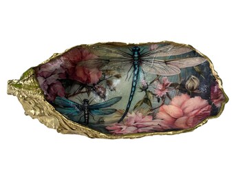 Luxury Feng-Shui Prosperity Bowl Decoupage Oyster Shell/Spiritual Altar Bowl/Abundance &  Manifestation Decor/Dragonfly Spirit