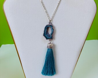 Silver Electroplated Druzy Crystal Portal Long Necklace w/Silk Tassel OOAK Spiritual Statement Jewellery /Healing Waters Portal