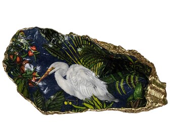 Luxury Feng-Shui Prosperity Bowl Decoupage Oyster Shell/Spiritual Altar Bowl/Abundance &  Manifestation Decor/Heron