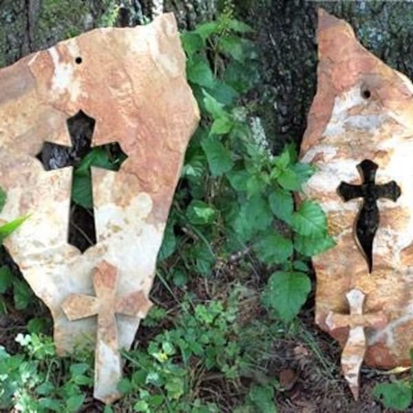 Cross carved cut out flagstone, naturally shaped stone, religious unique cross, abstract, garden, patio, church, Christian art outdoor cross