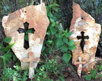 Cross carved cut out flagstone, naturally shaped stone, religious unique cross, abstract, garden, patio, church, Christian art outdoor cross