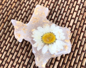 Tiny Texas refrigerator magnet on desert rose selenite gypsum stone with pressed wildflowers and gold flakes