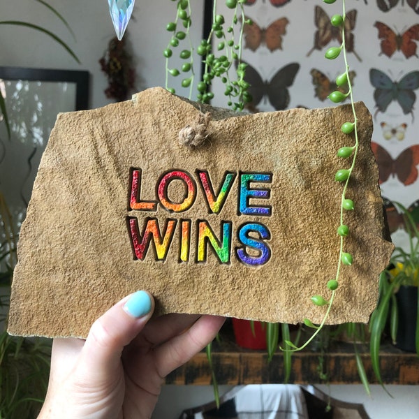 Love wins engraved stone, lgbt, love is love, same love decor, garden stone, pride month