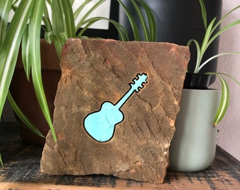 Turquoise blue stone acoustic guitar engraved carved flag stone glitter music decor desk shelf garden rock succulent