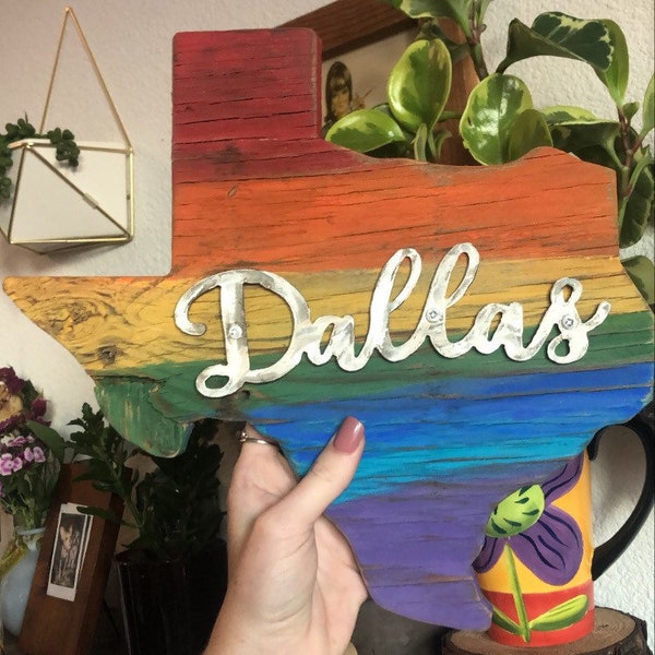 Rainbow pride Dallas Texas Rustic Distressed Reclaimed Wood & Metal Letters sign wall decor