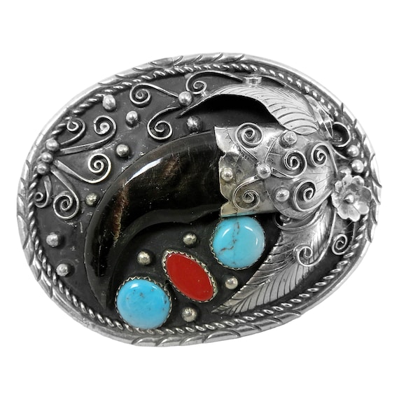 Completely Hand Tooled Vintage Native American Navajo Sterling Silver Brownbear Concho Belt Completely Hand Tooled Vintage Native American Navajo Sterling Silver Brownbear Concho Belt