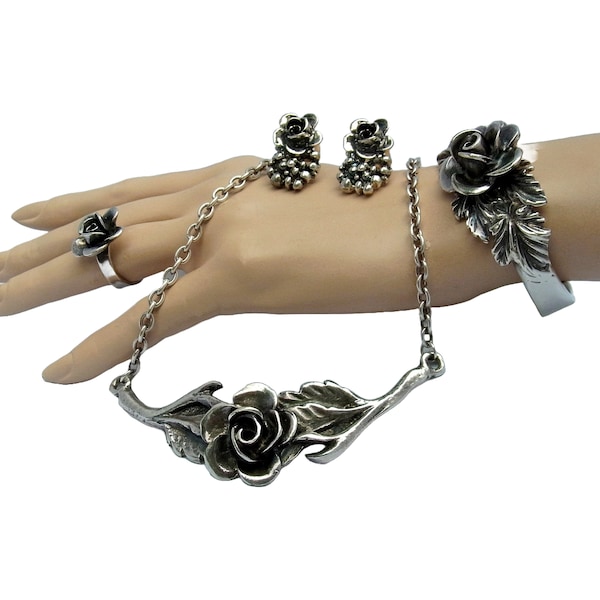 Erik Dennung Denmark vintage silver plated  rose  necklace bracelet ring earrings set from the 1970s.