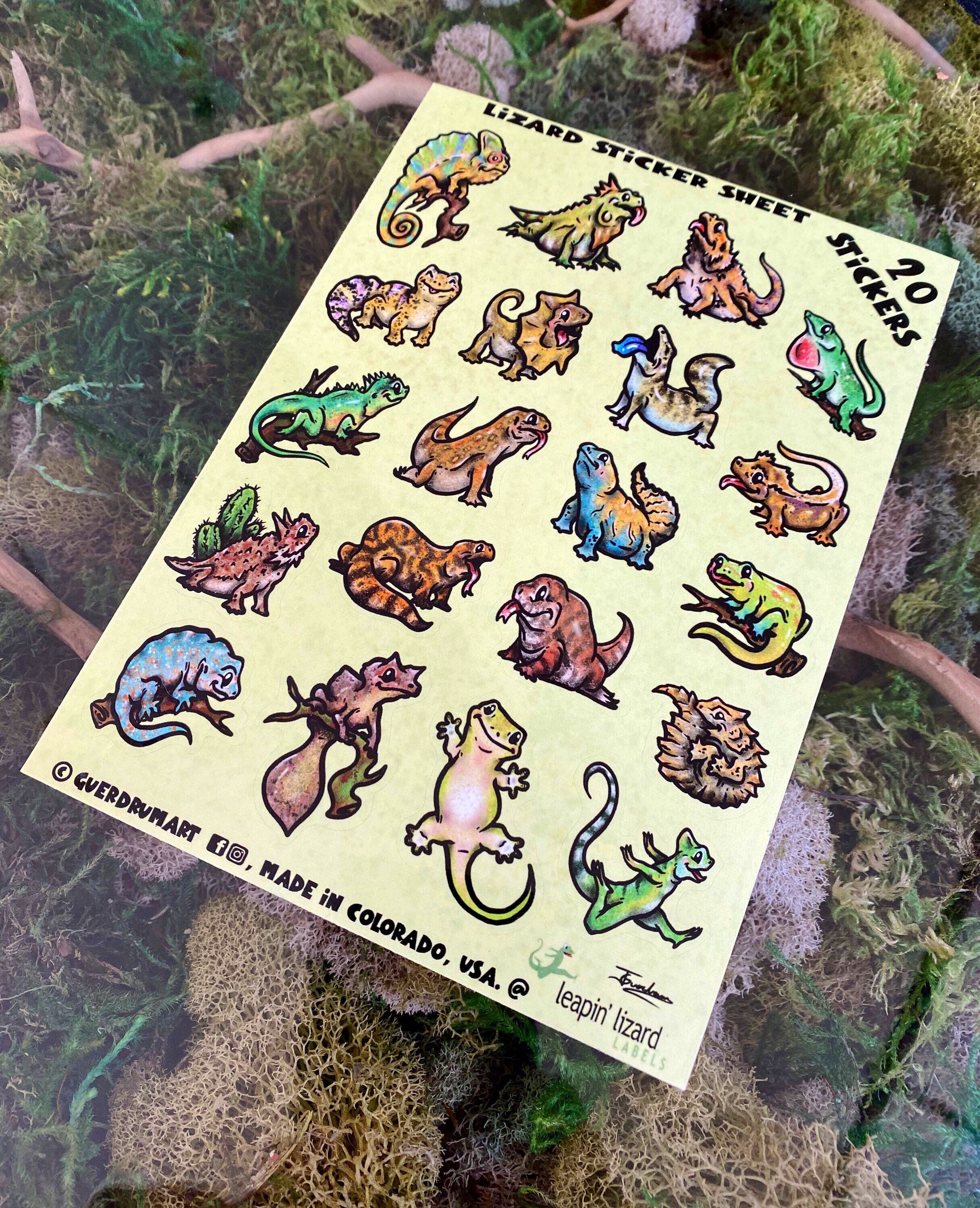 Lizard Sticker Sheet!  20 Waterproof Stickers!  Made in USA!