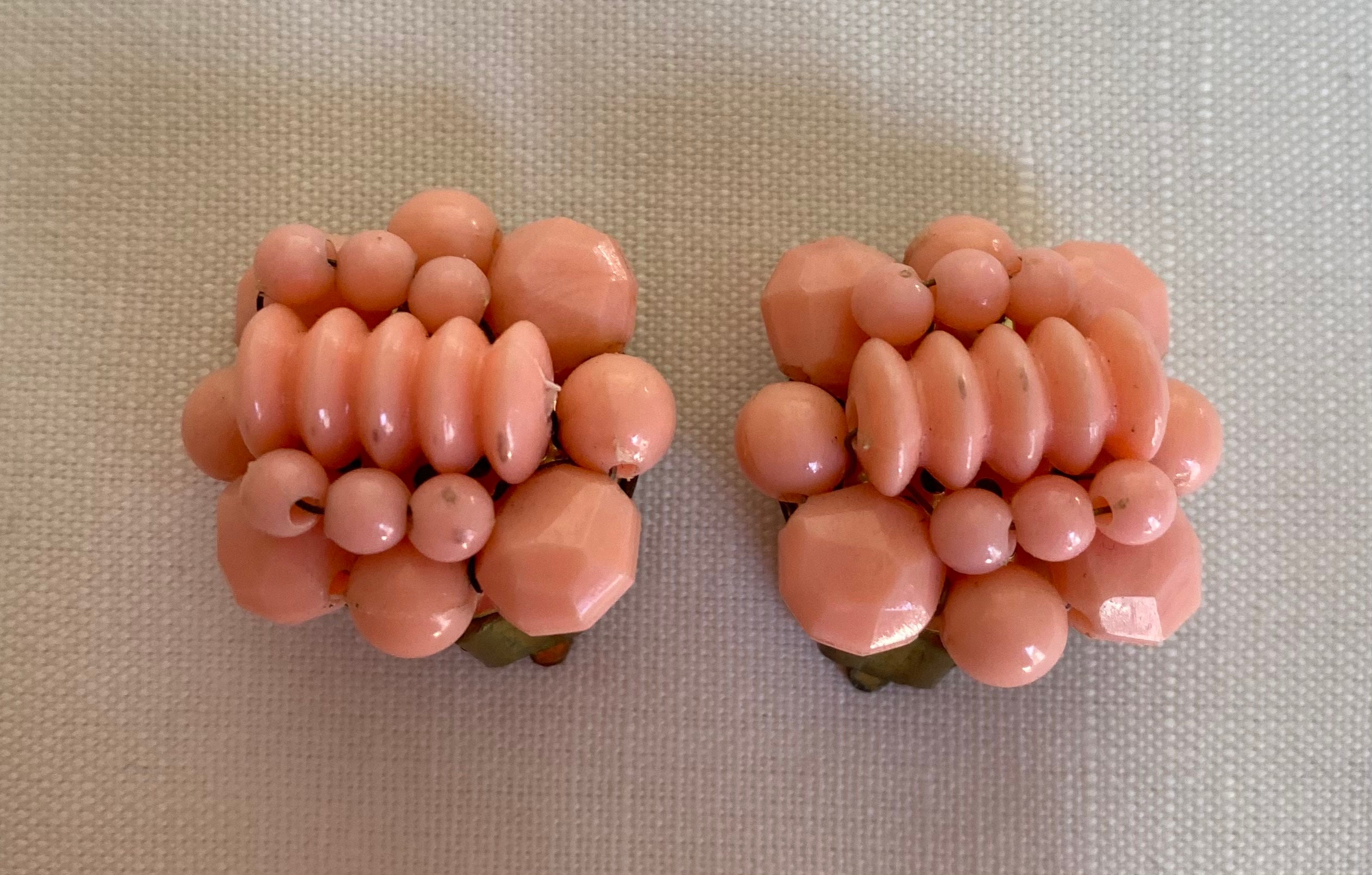 Pink Beaded Button Clip On Earrings - Vintage Hong Kong Clip-On