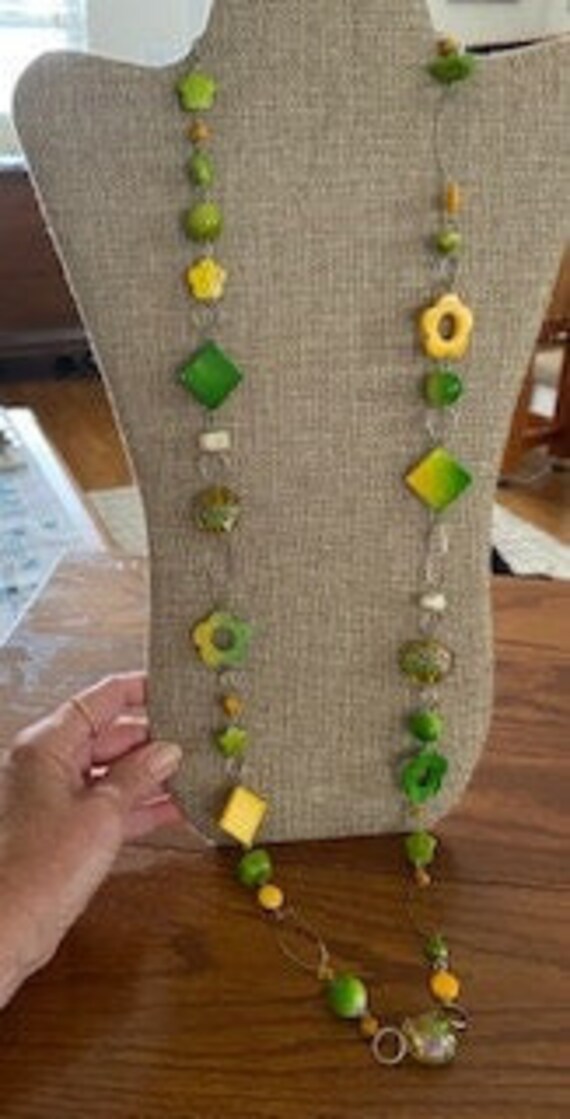 Unique Artsy Yellow and Green Long Necklace 37" - image 1