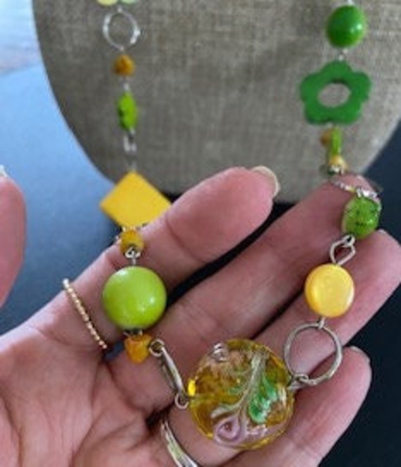 Unique Artsy Yellow and Green Long Necklace 37" - image 3