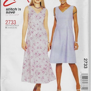 May include: A sewing pattern titled "Easy stitch 'n save" by McCall's. The pattern features two sleeveless dresses. One dress is light purple with a floral pattern, and the other is solid light purple. The pattern number is 2733.