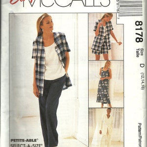 May include: A sewing pattern for a women's outfit. The pattern includes a jacket, skirt, and pants. The jacket is a plaid pattern with short sleeves. The skirt is a plaid pattern with a straight hem. The pants are a solid color with a straight leg. The pattern is for sizes 12, 14, and 16.