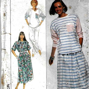 May include: A sewing pattern for three different outfits. The pattern is called "Simple" and is labelled "Easy to Sew". The pattern includes a striped top and skirt, a floral print skirt and a solid top and trousers.