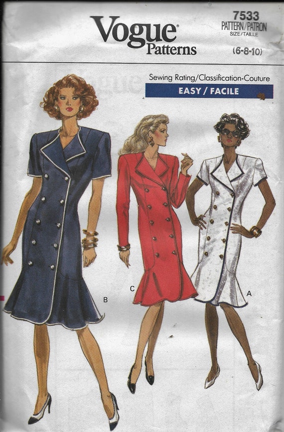 Vogue 7533 Misses/Petite Fitted Dress Size 6,8,10 Uncut C1989