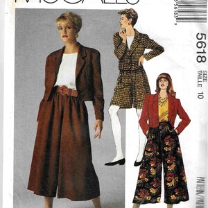 May include: McCall's sewing pattern number 5618, size 10, for culottes. The pattern shows three different styles of culottes, one with a plaid jacket, one with a solid brown jacket, and one with a red jacket. The pattern is for a women's clothing project.