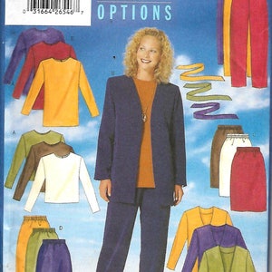 May include: A sewing pattern for a jacket, pants, and tops. The pattern is from Butterick and is called "Unlimited Fashion Options". The pattern is for sizes 20-22-24. The pattern is shown on a model wearing a blue jacket and pants, and a yellow top. The pattern also includes a variety of other tops and skirts.