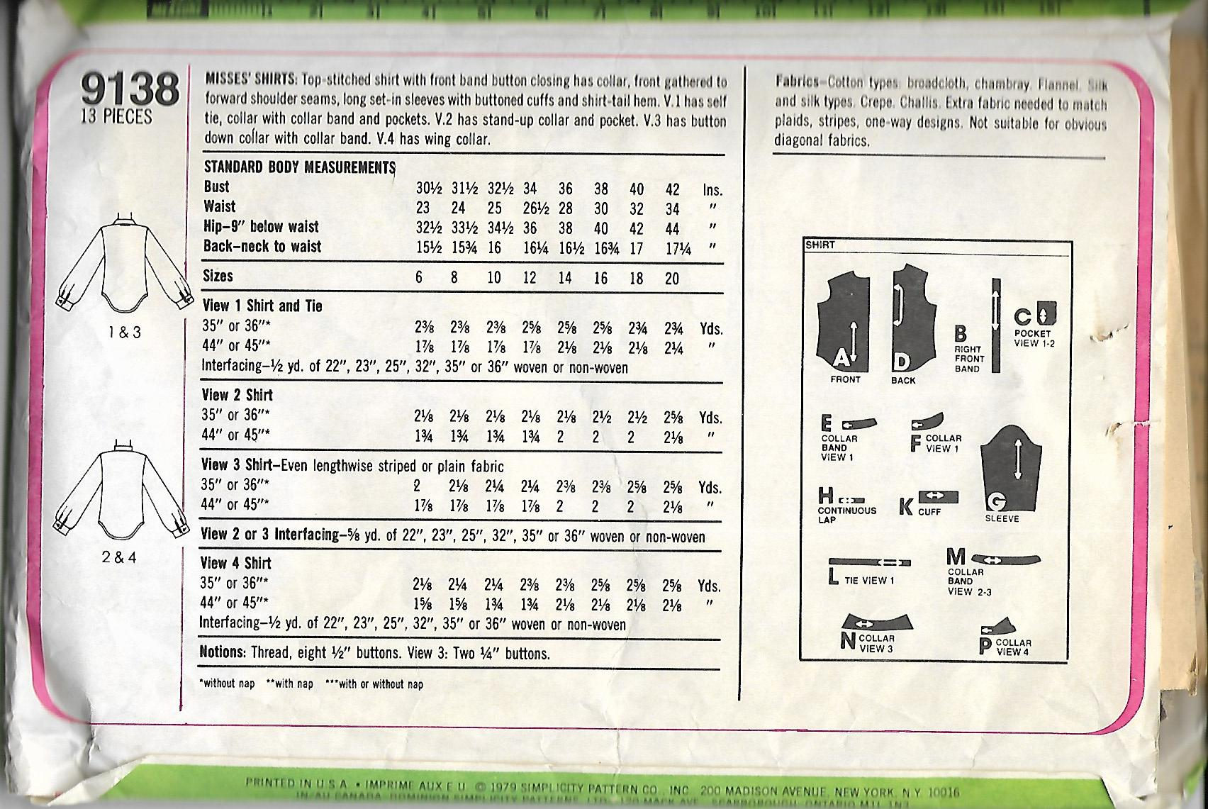 しーページ 9138 Simplicity 70's Vintage Misses Shirts Sewing Pattern Sz