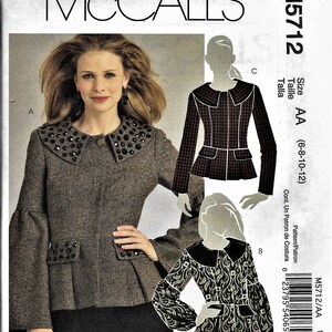 May include: A sewing pattern for a jacket with a collar and a fitted waist. The pattern is for sizes 6-8-10-12. The pattern is from McCall's and the pattern number is M5712.