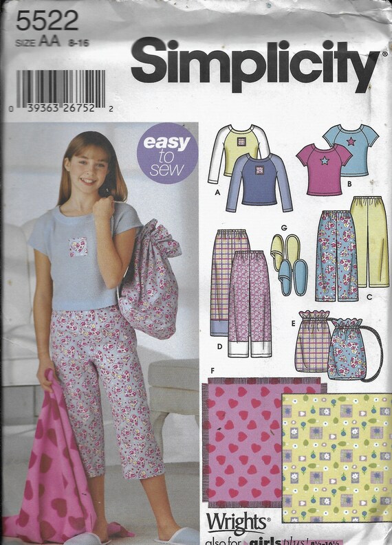 Simplicity 5522 Girls Pajamas Blanket Bag Slippers Pants Top