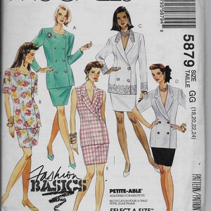 May include: McCall's sewing pattern envelope featuring illustrations of women's fashion designs. The designs include a double-breasted blazer, a floral print dress, and a plaid dress. The pattern size is GG (18,20,22,24).
