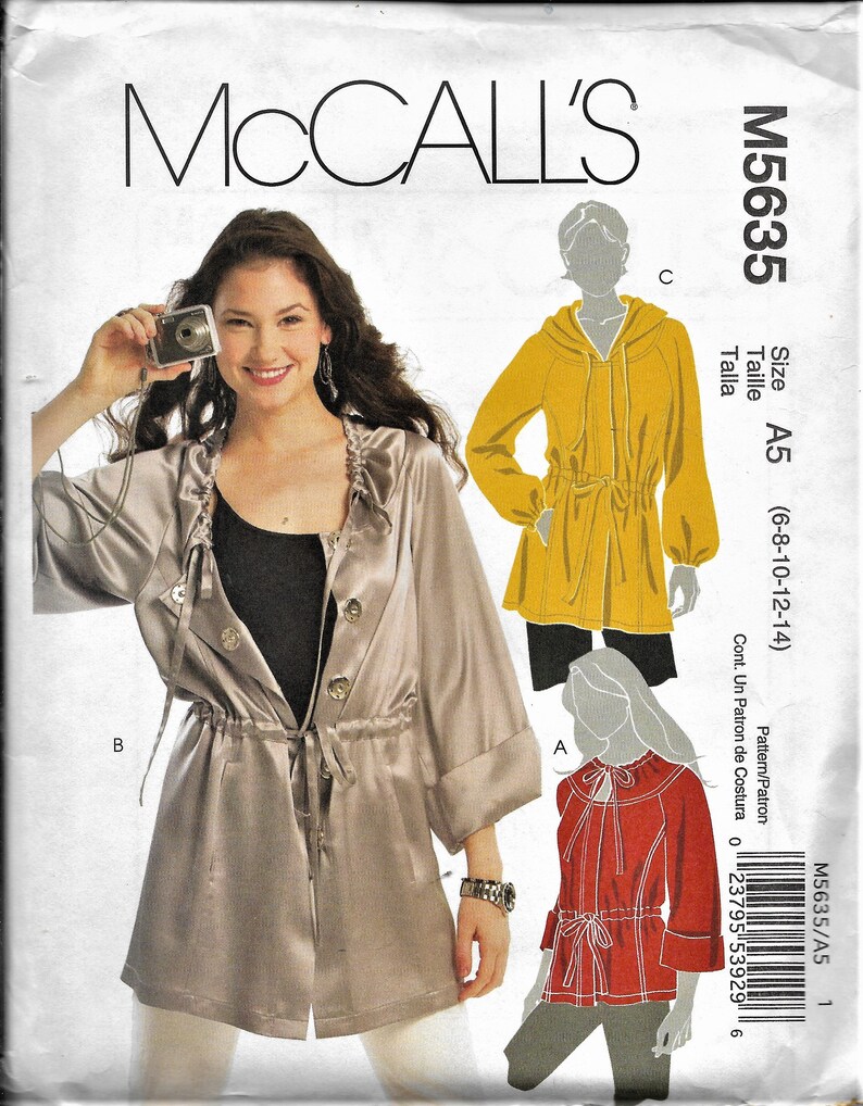 May include: Sewing pattern McCall's M5635 size A5 (6-8-10-12-14) for a hooded jacket and a blouse. The pattern includes instructions for sewing both garments.