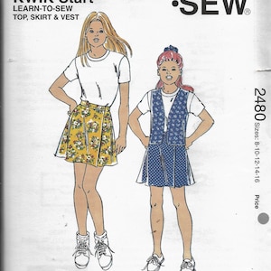 Kwik Sew  2480     Girls Pull-Over Tops, Skirt and Vest     Uncut    Size 8,10,12,14,16      UNCUT