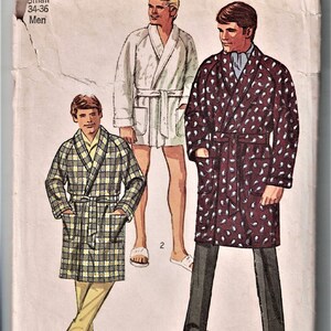 May include: A Simplicity sewing pattern for a robe, featuring three different styles. The pattern is for sizes 34-36 and is labeled "Small Men".