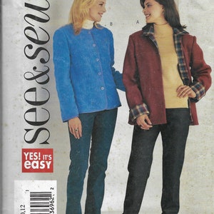 May include: A sewing pattern for two jackets. The pattern is for a blue jacket with a button-up front and a red jacket with a plaid lining. The pattern is from the company "see & sew" and is labeled "3938".