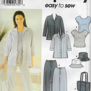 May include: A sewing pattern for a women's pajama set with a long-sleeved shirt, pants, and a matching top. The pattern also includes a tote bag and two hats. The pattern is from Simplicity and is easy to sew.