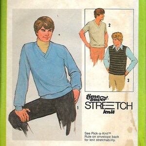 May include: A sewing pattern for a men's sweater, vest, and shirt. The pattern is for sizes 38, 40, and 42. The pattern is called "Simplicity 8640" and is for stretch knit fabric.