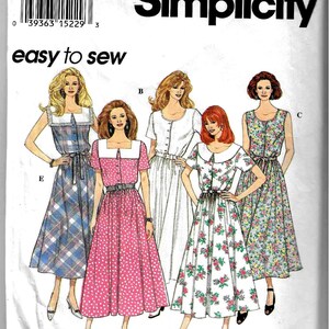 May include: A sewing pattern for five different dresses. The pattern is called "Simplicity" and the pattern number is 8931. The pattern is for sizes 8, 10, and 12. The dresses are all different styles and colors. One dress is pink with white polka dots, another is white with floral print, another is blue and white plaid, and another is white with a floral print. The last dress is a light blue and white floral print.