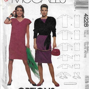 May include: A sewing pattern for a dress with a wrap style bodice and a skirt. The pattern is for sizes extra small to small. The pattern is called "Endless Options" and features a focus on overlock sewing.