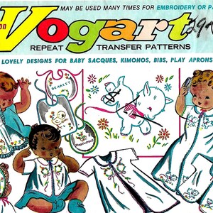 May include: A vintage sheet of iron-on transfer patterns for baby clothes. The patterns include a bib, a sack, a kimono, and a play apron. The patterns feature cute designs like a lamb, a chick, and flowers. The sheet is labeled "Vogue Art" and "New Fashion".