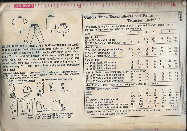 Simplicity 3944 ChildrenUnisex Bottoms and Tops Pattern Size 6