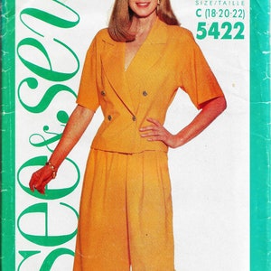 May include: A sewing pattern for a yellow pantsuit with a double-breasted jacket. The pattern is from the brand "Sew Easy" and is size C (18-20-22). The pattern number is 5422 and the price is $1.99.