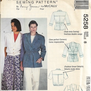McCall&#39;s 5258    Misses Unlined Jacket        Size 8  or Size 14   UNCUT