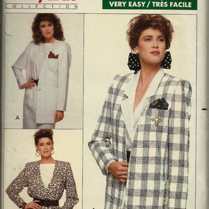 May include: A sewing pattern for a blazer with two different styles. The first style is a white blazer with a pocket and the second style is a black and white plaid blazer. The pattern is from the Family Circle Collection and is rated Very Easy.