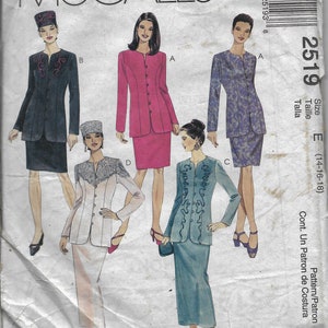 May include: A sewing pattern for a women's suit with a jacket and skirt. The pattern includes four different styles, each with a different neckline and embellishment. The pattern is for sizes 14-16-18.
