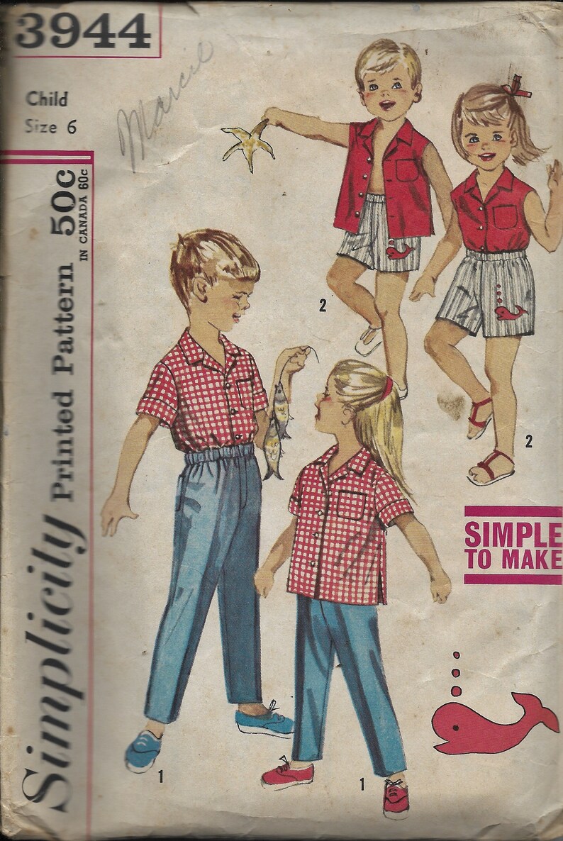 Simplicity 3944 ChildrenUnisex Bottoms and Tops Pattern Size 6