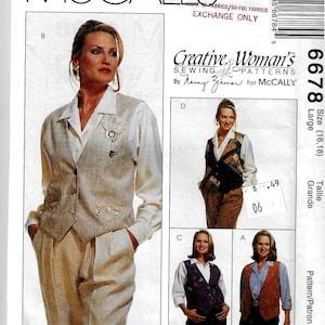 May include: Sewing pattern for a vest, McCall's Creative Woman's Sewing Patterns, size 16-18, pattern number 6678.