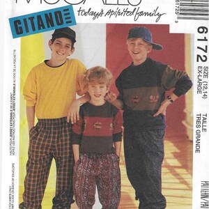 May include: A sewing pattern for boys' pants, sizes 12-14, with a focus on overlock sewing. The pattern includes three different styles of pants, including plaid, striped, and patterned.