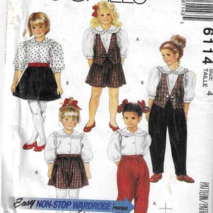 McCall&#39;s 6114   Children&#39;s/ Girls Lined Vest, Blouse, Culottes, Pants  Size 4  UNCUT