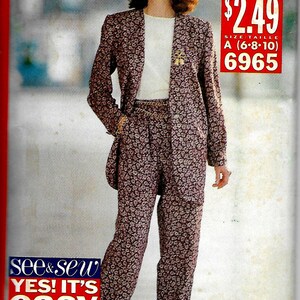 May include: A sewing pattern for a floral print pantsuit. The pattern is for sizes 6-8-10 and costs $2.49. The pattern number is 6965. The text "see & sew NOW" and "see & sew YES! IT'S easy" is also on the pattern.
