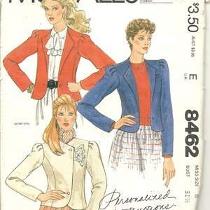 May include: A sewing pattern for a jacket with three different styles. The pattern is from McCall's and is for size 8, bust 31 1/2 inches. The pattern includes personalized instructions featuring the "fit as you sew" system by Palmer & Pletsch.